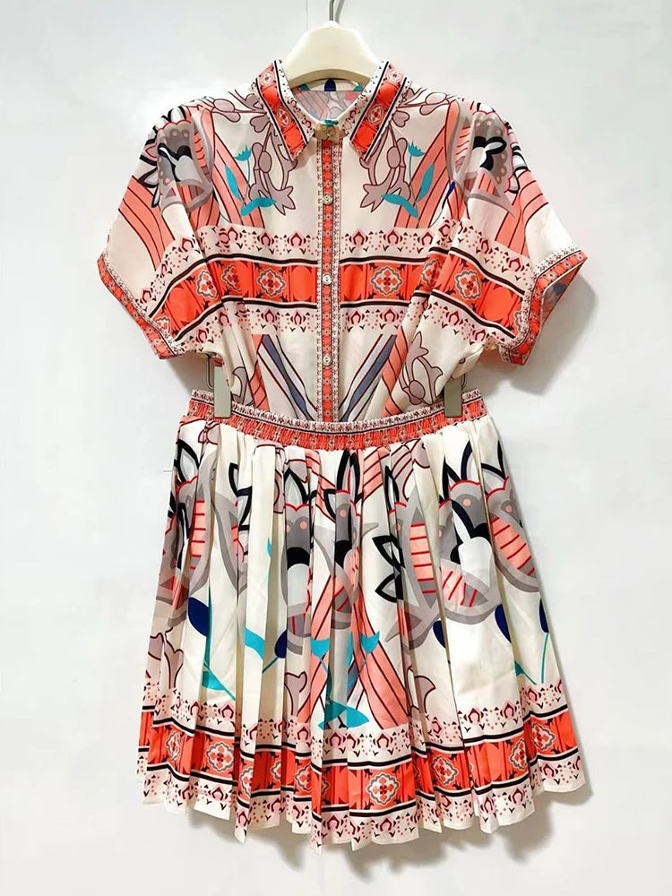 Designer retro geometric print lapel short-sleeved shirt two-piece 2026 summer women's dress+loose pleated skirt fashion suit