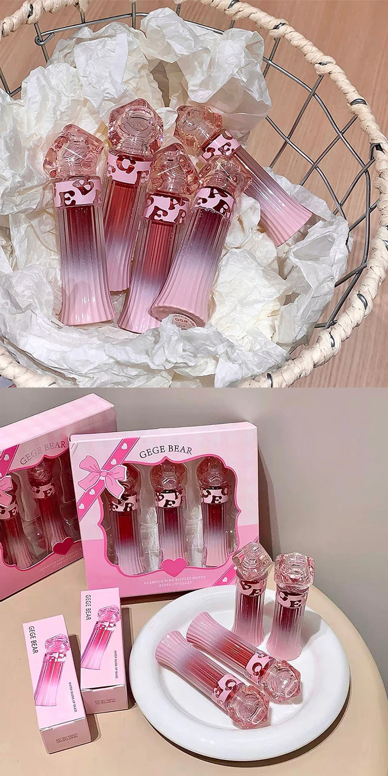 Gege Bear Water Light Lip Llaze Set Mirror Lipstick Lip Gloss, Hydrating Moisturizing, Long Lasting, Gift for Lover