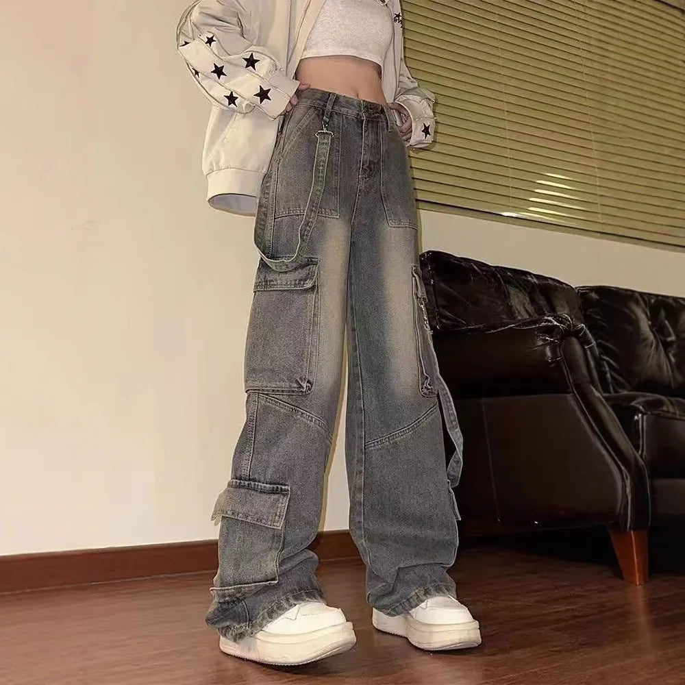 American Vintage Washed Multi-Pocket Cargo Jeans for Women High Waist Streetwear Loose Wide Leg Trendy Designer Denim Trousers