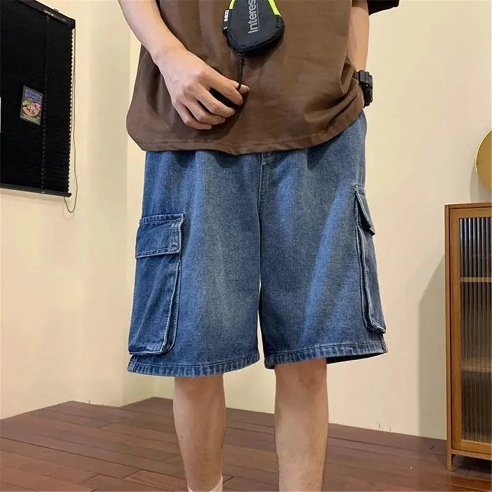 Pocket Casual Denim Shorts Summer Retro Blue Cargo Port Loose Big Pocket Thin Fashion Washed Five Point Casual High Waist Shorts