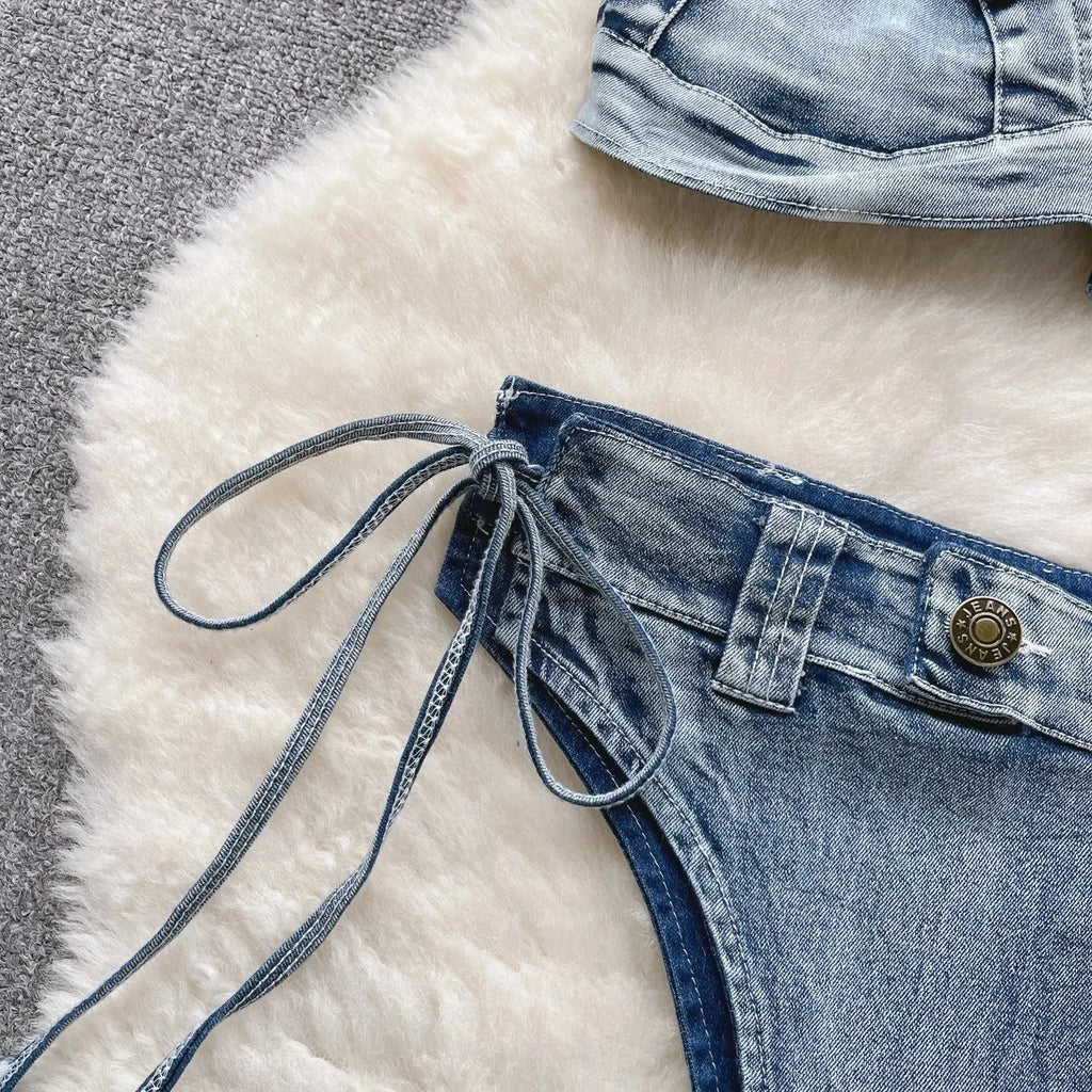 Retro Women Bikini Denim Suits Summer Halter Camis Mini Short Pant Fashion Vacation Suits Sexy Comfortable