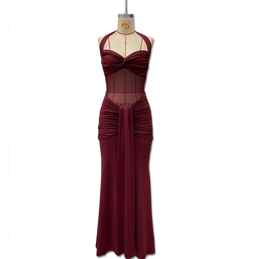 Halter neck backless slim-fit bodycon dress, mesh strapless knot design, slim-fitting, skin-friendly, does not pinch the skin