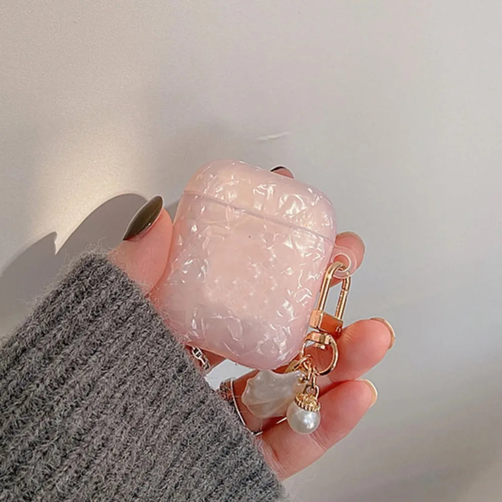 Dreamy Pearl Shell Earphone Case with Keychain Soft Headphone Box Cover TPU Earphone Accessories for Airpods 4/3/2/1/pro2/pro
