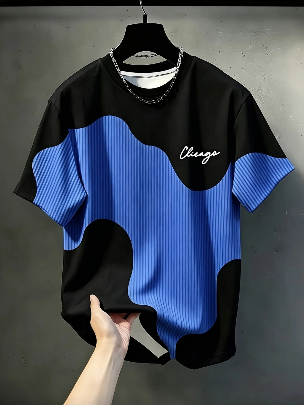 New Summer Men's Chicago Script Letter T-Shirt Asymmetrical Color-Block Vertical Stripes Crew Neck Casual Short-Sleeve Top