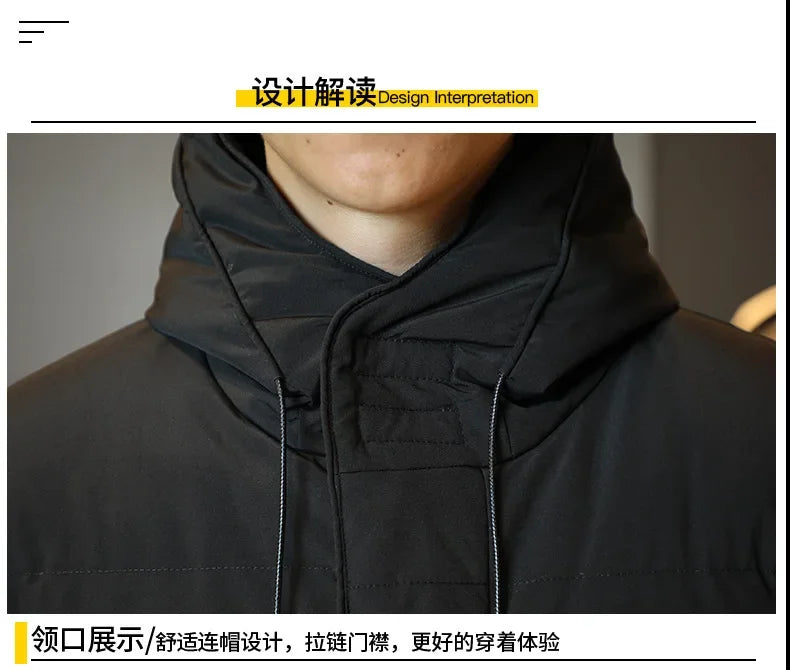 2023 Warm Hooded Mid-length Jacket Mens Casual Zip Up Cotton Padded Jacket Overcoat Autumn Winter Windbreaker Coats Men Clothing