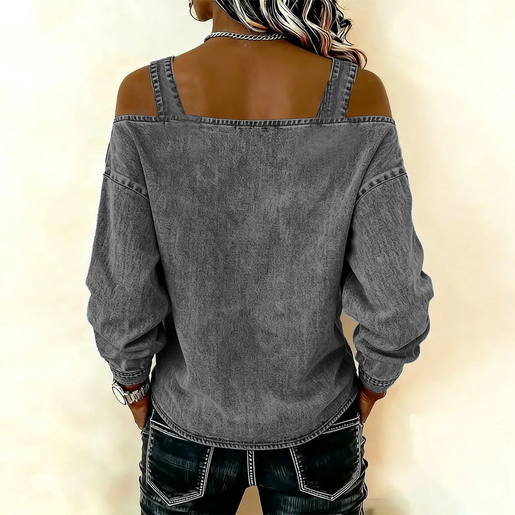 Women's Denim Top, Stylish Off-the-shoulder Long-sleeved Top with Shoulder Straps, Elegant and Versatile Denim Shirt, Streetwea