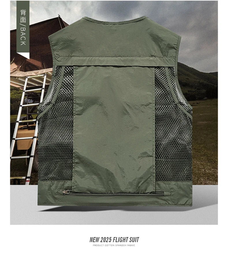 Mesh Men's Fishing Vest Multi Zip Pocket Hiking Waistcoat Male Light Thin Outdoor Sleeveless Jacket Work Summer Travel Plus Size