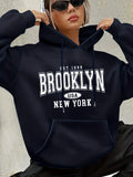 Lady's letter-printed drawstring hooded sweatshirt with long sleeves and pocket featuring geometric patterns regular fit clothes