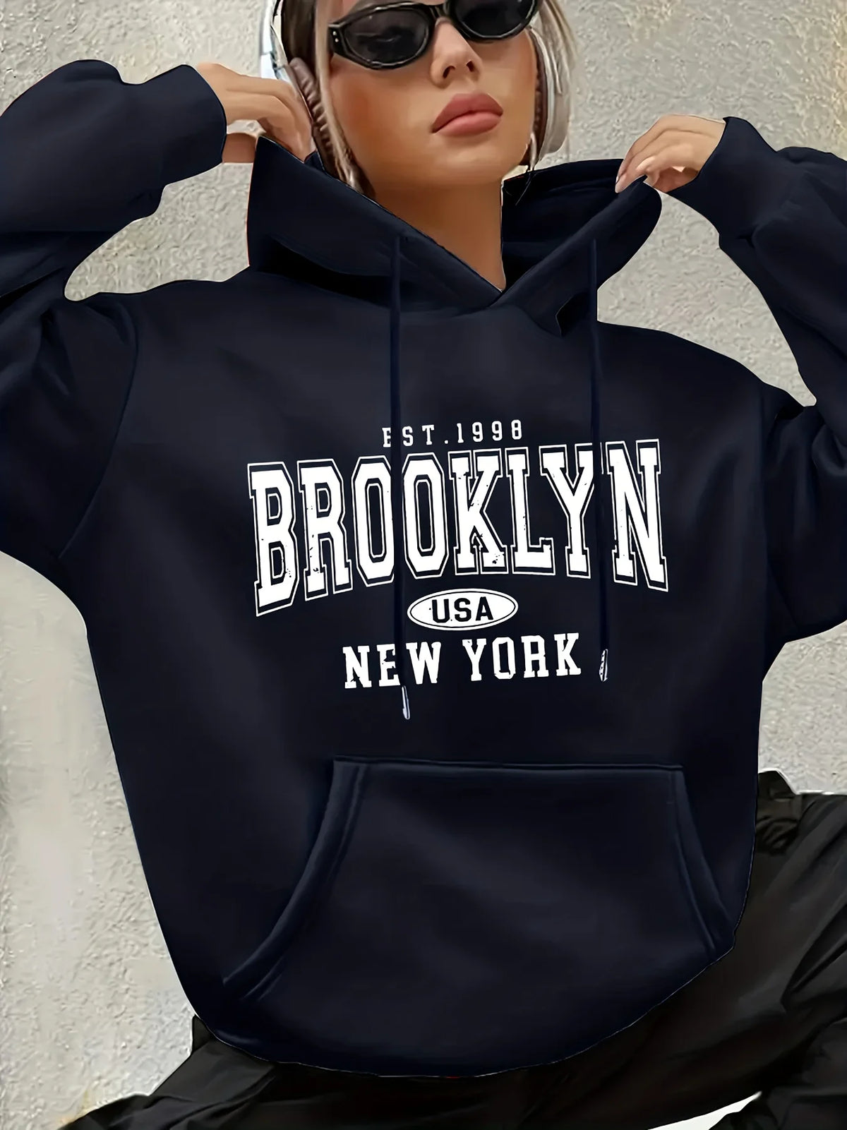 Lady's letter-printed drawstring hooded sweatshirt with long sleeves and pocket featuring geometric patterns regular fit clothes