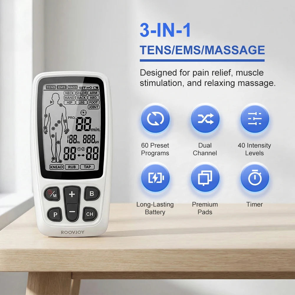 3-in-1 EMS & TENS Unit Machine Professional Muscle Stimulator Electronic Acupuncture Massager for Neck, Back, Legs, Feet & Body