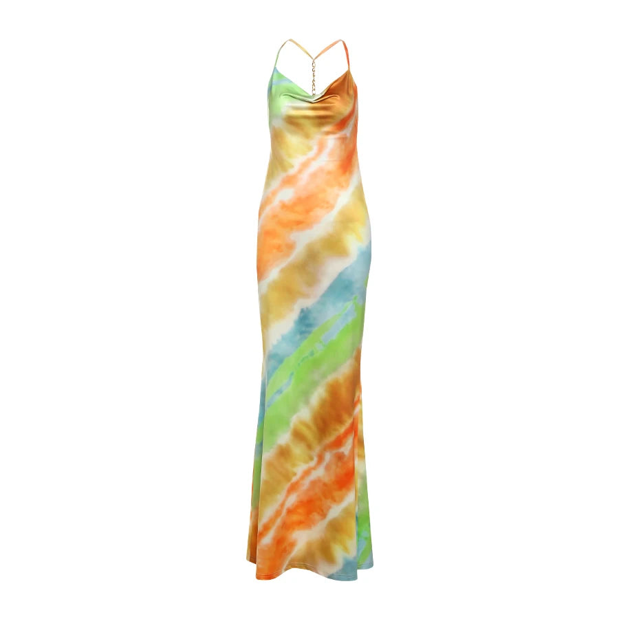 Weird Puss Colorful Fashion Maxi Dress Women Swing Collar Metal Chain Backless Vacation Trend Beach Party Style Elegant Vestidos