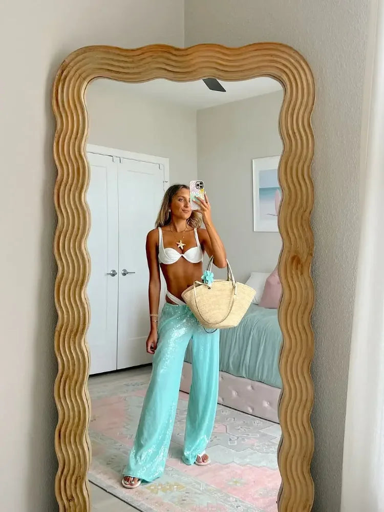 Solid Sequin Elastic Waist Pants Women Loose Fashion Lace Up Wide Leg Trousers Female 2026 Spring Summer Chic Streetwears Outfit