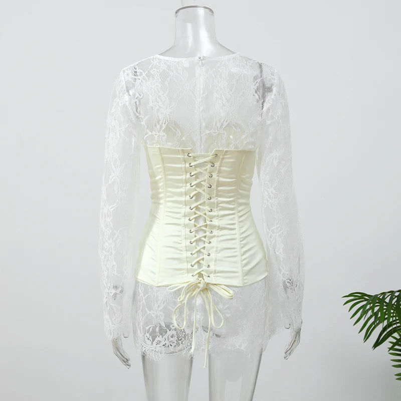 Solid Satin Lace Corset Mini Dress Women Sexy Spaghetti Strap Sheer Panel Slim Fit Short Dresses 2026 Trendy Lady Night Out Wear