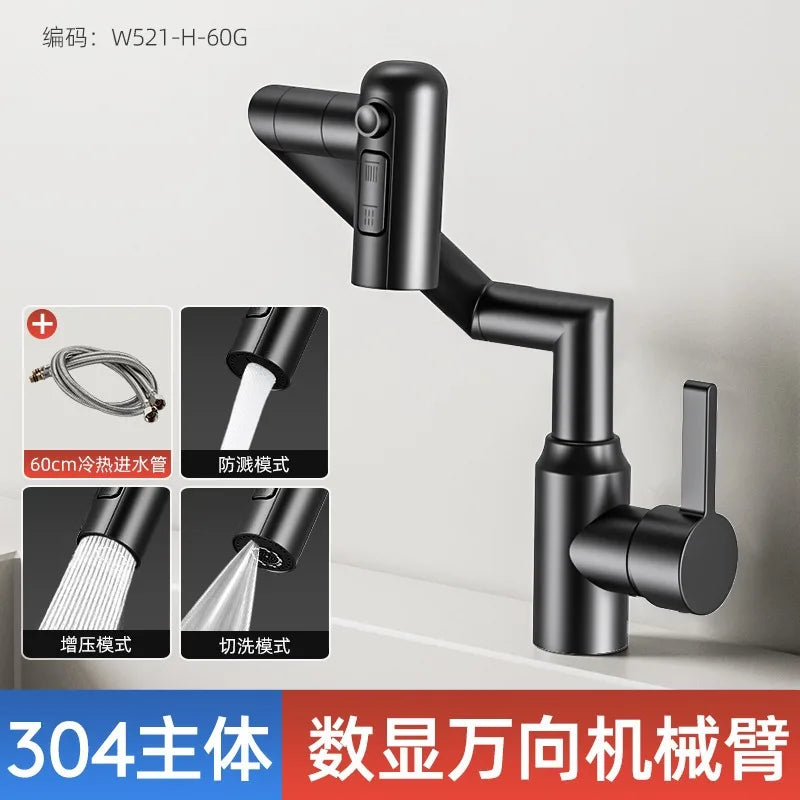 Stainless Steel Faucet Washbasin Bathroom Multi-functional Robotic Arm Universal Rotation for Hot and Cold Water Digital Display
