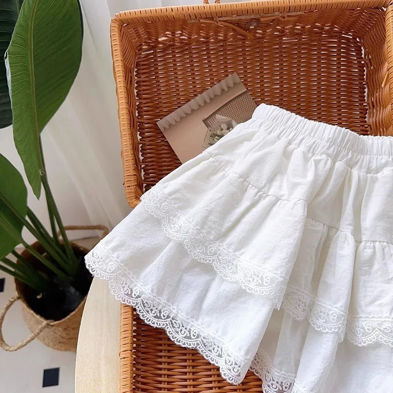 Girls' Skirt 2025 Summer New Children's White Short Skirts with Safety Pants Lace Cake pleated Skirt for Baby Kids Clothing