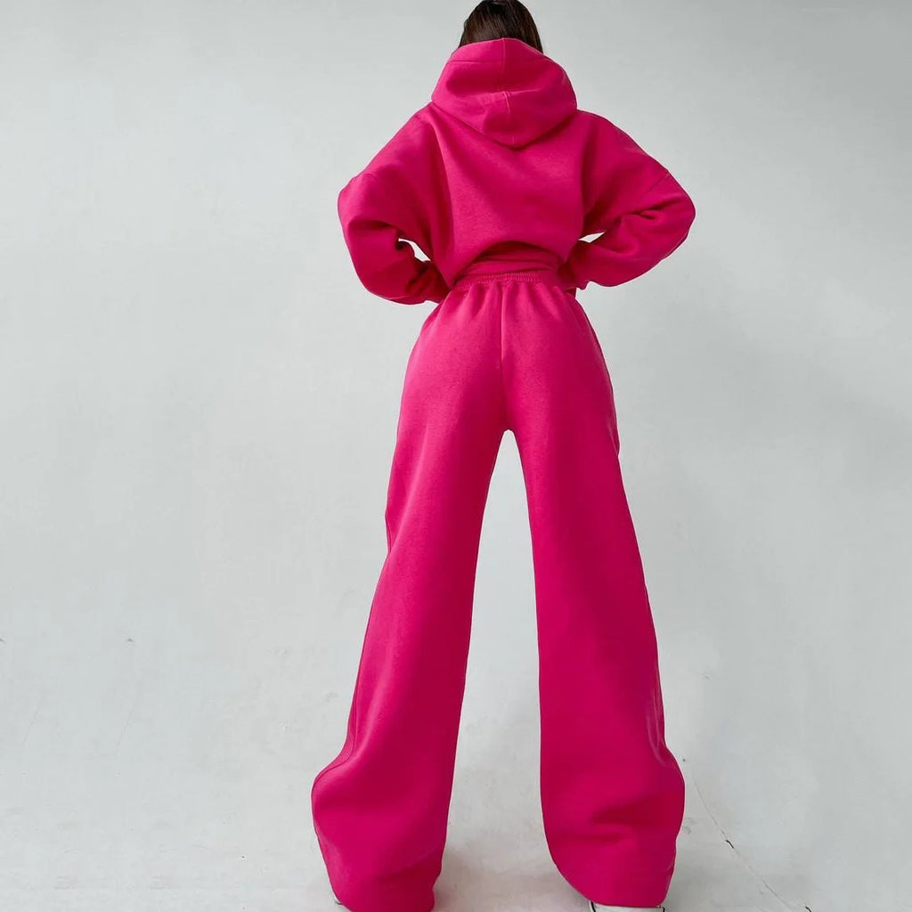 Woman's Solid Color Hooded Sweatshirt Pant Two-piece Set Fashion Long Sleeves Pocket Pullovers Pants Suits Ladies Loose Outfit