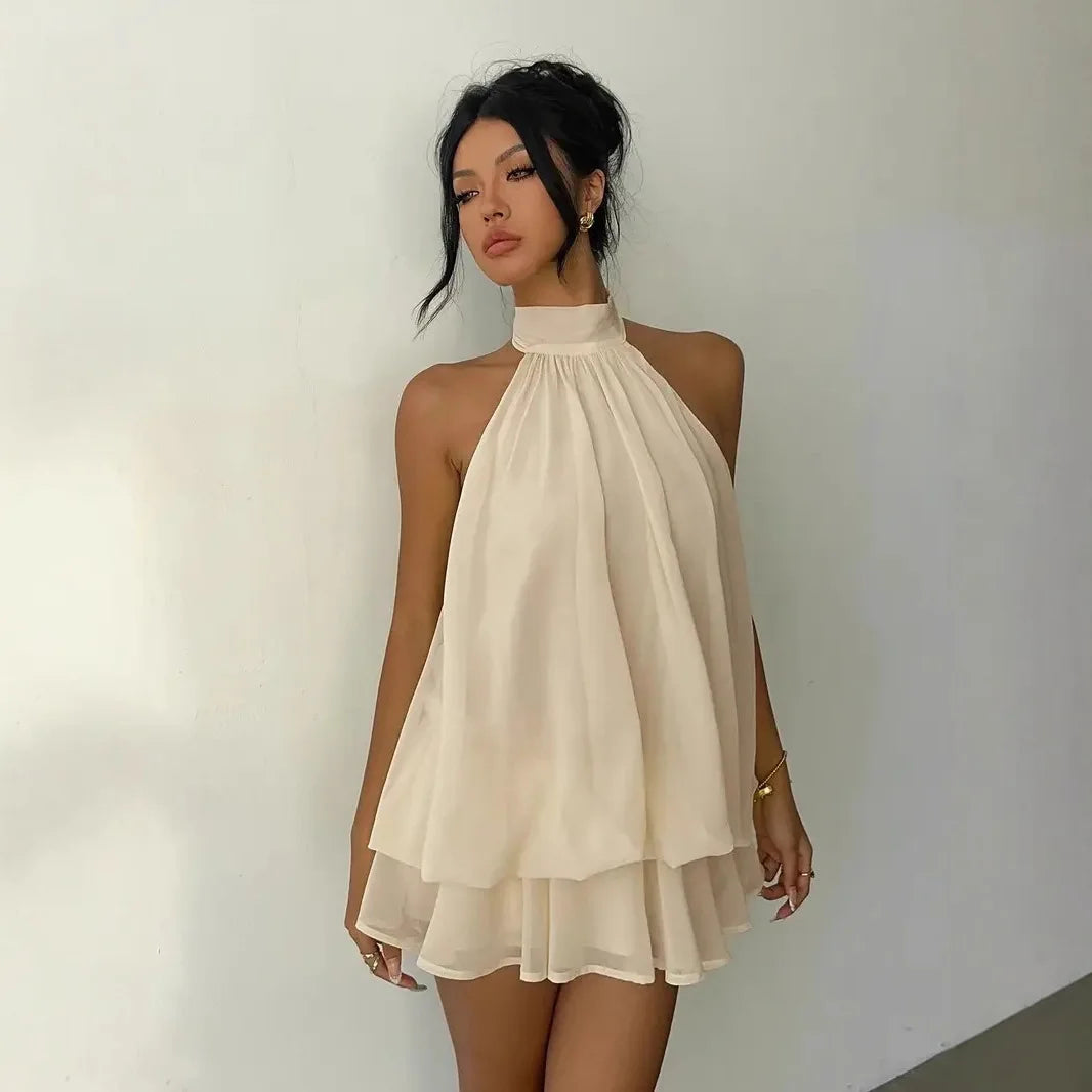 Women Halter Neck Backless Tie Mini Dress Summer Sleeveless Chiffon Ruffle Short Dresses Sexy Club Party Beach Vacation Outfit