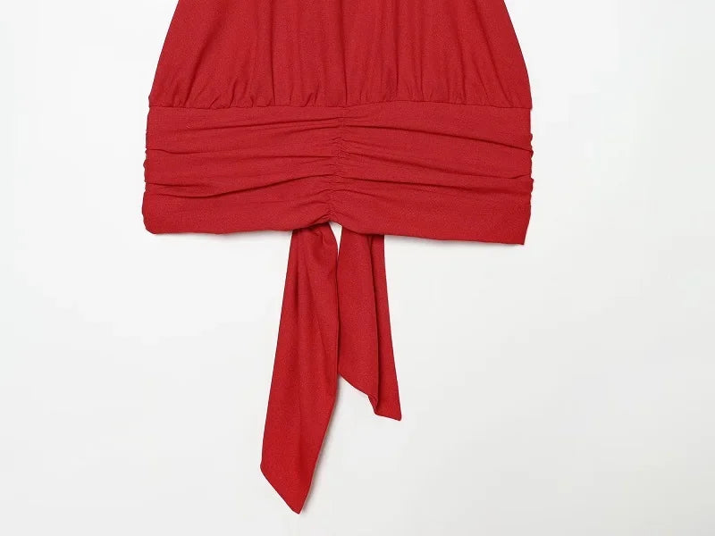 Women's Red Pants Sets Sexy Halter Backless Ruched Crop Tank Top Suit Elegant Female 2 Piece Sets Summer Woman New Matching Sets