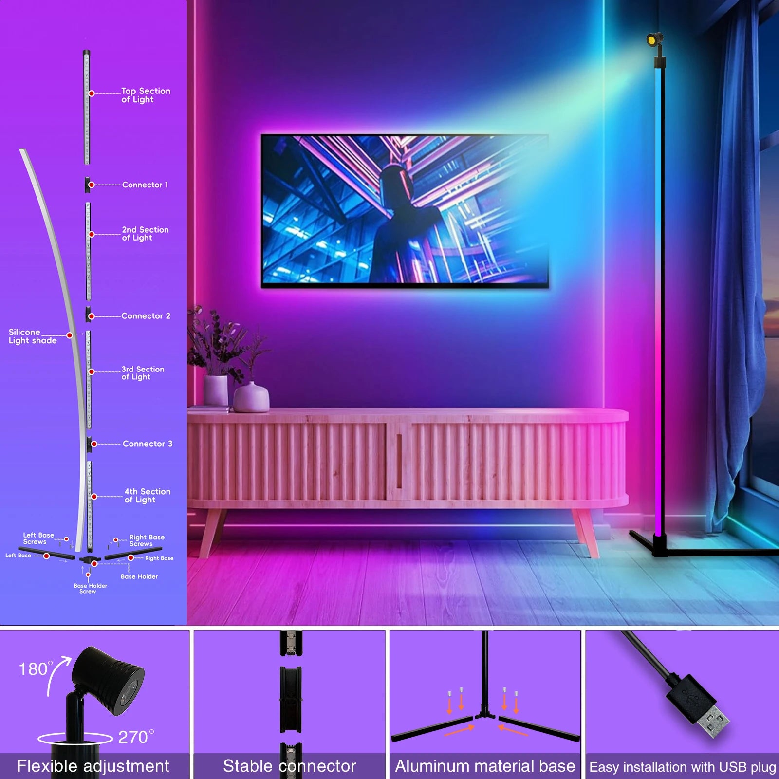 Reinforced Lamp Body 165cm Smart RGB LED Floor Lamp With Sunset Lamp APP Control Music Sync Color Change Standing Mood Light