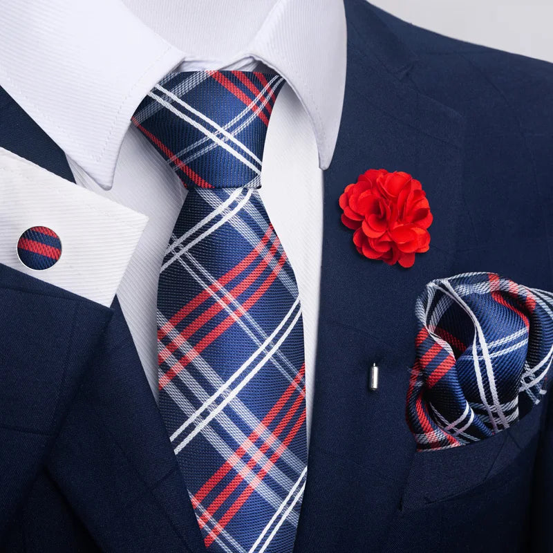 Hot Sale Luxury 8 Cm Blue Floral Ties Pocket Square Cufflinks Brooch Set For Man Suit Accessories Holiday Gift Fit Formal Party