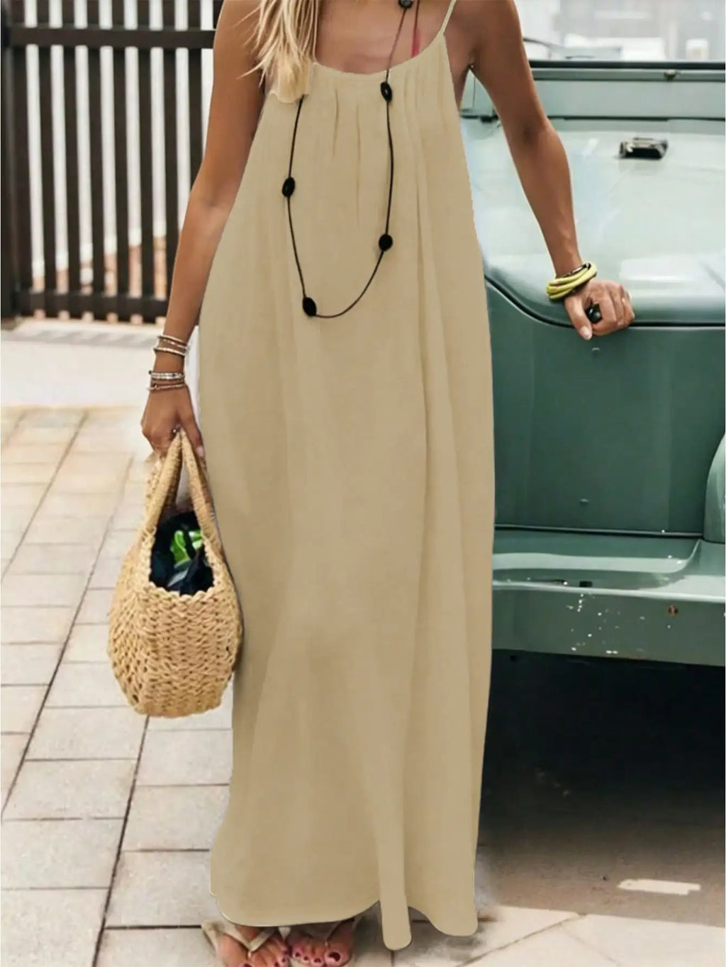 Large-Size Women's Pure-Color Backless Lace-Up Long Loose Casual Comfortable Camisole Dress