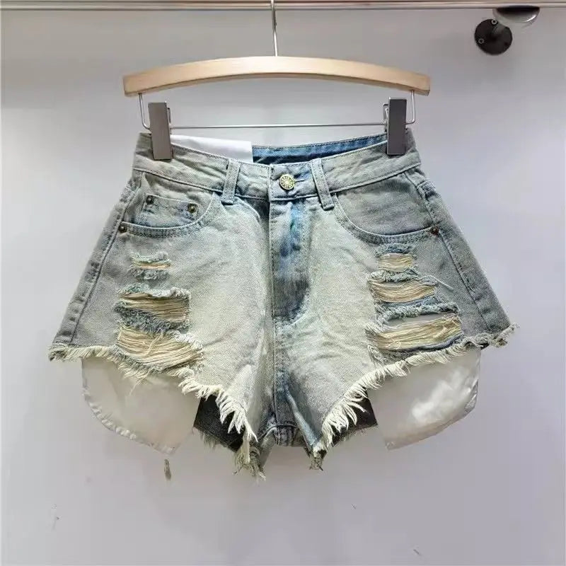 Leaking Pocket Street Hole Washed Retro Blue Denim Shorts 2026 Summer New Spice Girl Fashion Jeans Hot Pants Shorts Women
