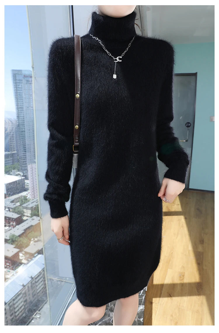 New Hot Selling 100% Mink Cashmere Knitted Women's High Neck Pullover Dress Sweater Slim Fit Solid Color Long Women's Dress