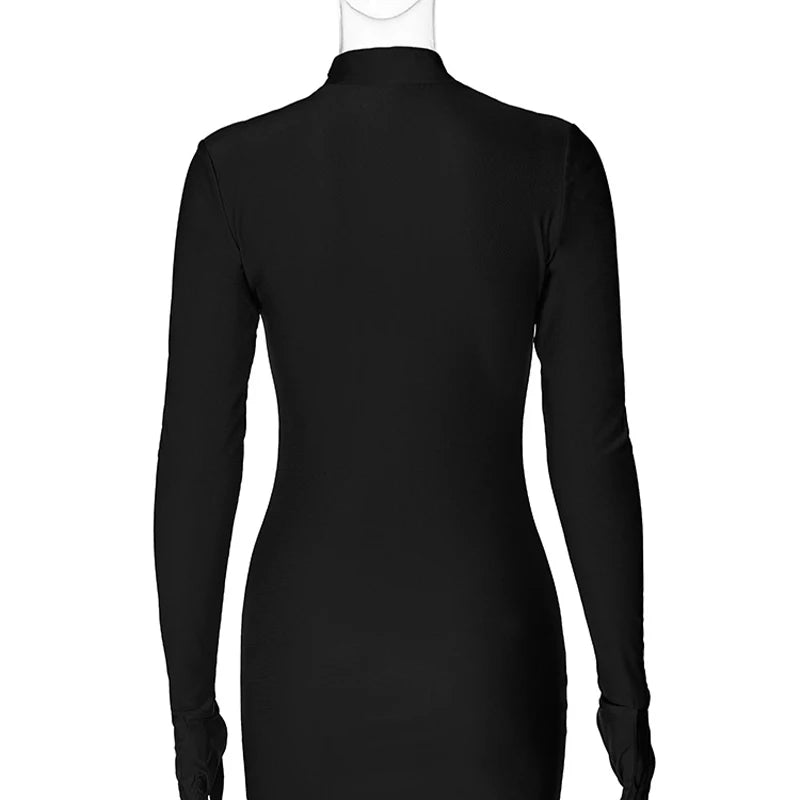 Solid Long Sleeve Mini Dress with Gloves Sexy Streetwear Party Outfit Half Turtleneck Bodycon Y2K Style Wholesale