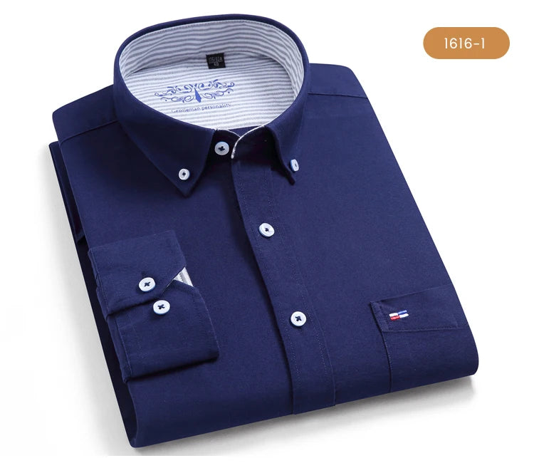 Men's 100% Cotton Breathable Oxford Fabric Dress Shirt, Plaid Striped Casual Long Sleeve, Button-Up with Collar and Chest Pocket