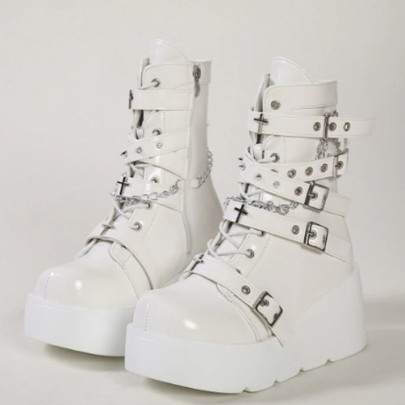 New Gothic Style Platform Vampire Cosplay Women Mid-calf Boots 2026 Winter Wedges Comfy Women Motorcycle Boots Shoes