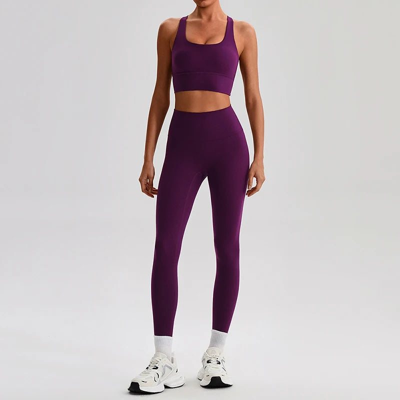 Naked Feel Yoga Set Women Fitness Sportswear 2 Piece Strappy Sports Bra High Waist Gym Leggings Workout Outfit Active Wear