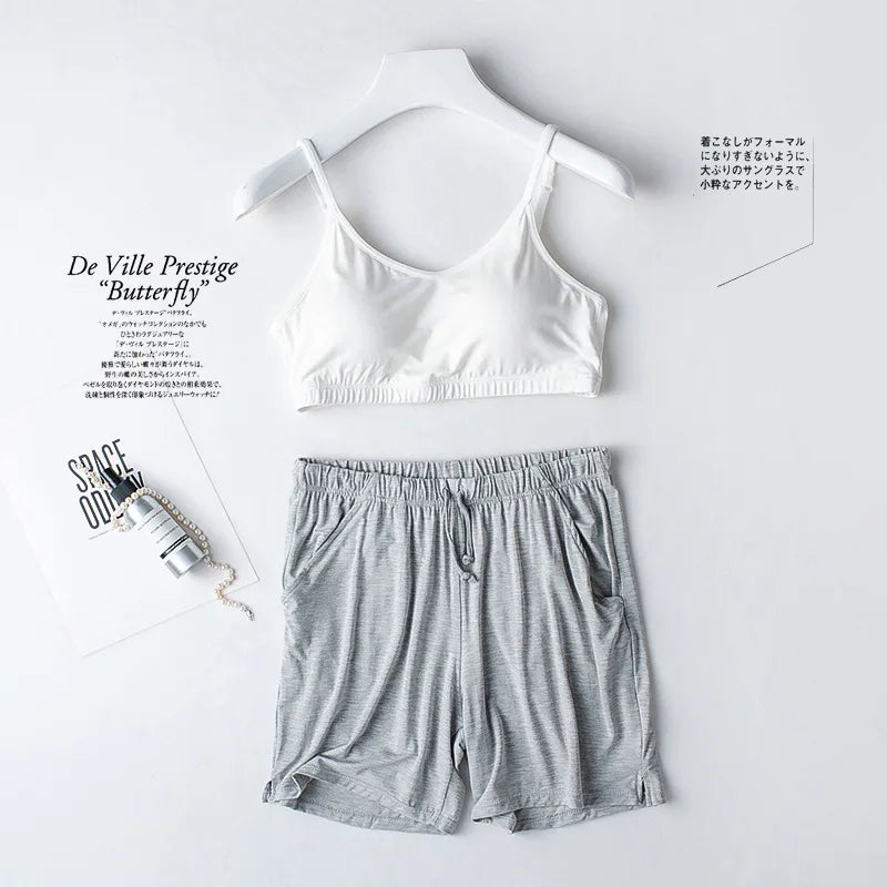 Spring/Summer Ladies Pajamas Sling + Shorts Modal With Chest Pad Solid Color Homewear Set Pajamas Sleepwear Lingerie
