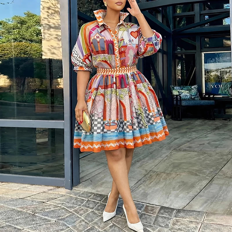 Fashion Pattern Printed Loose Fit Summer Suit Women's Lapel Puff Sleeve Top & Skirt Party Outfit Casual Commuter Two Piece Sets
