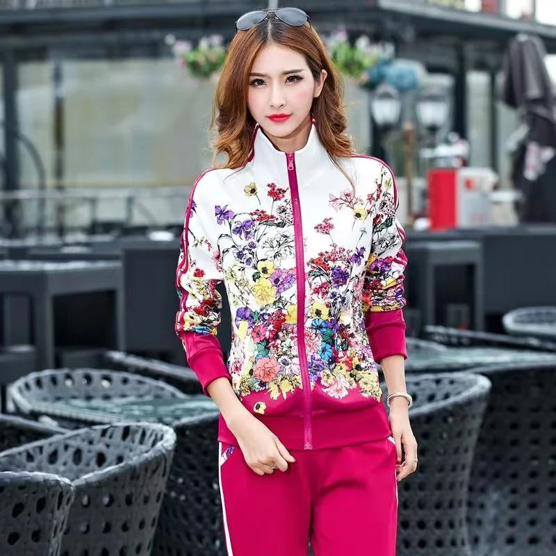 2024 Women's Casual Sports Suits Spring New Print Jacket+Lenght Pants Two Sets Lady Sportswear Suit racksuits Set 6XL