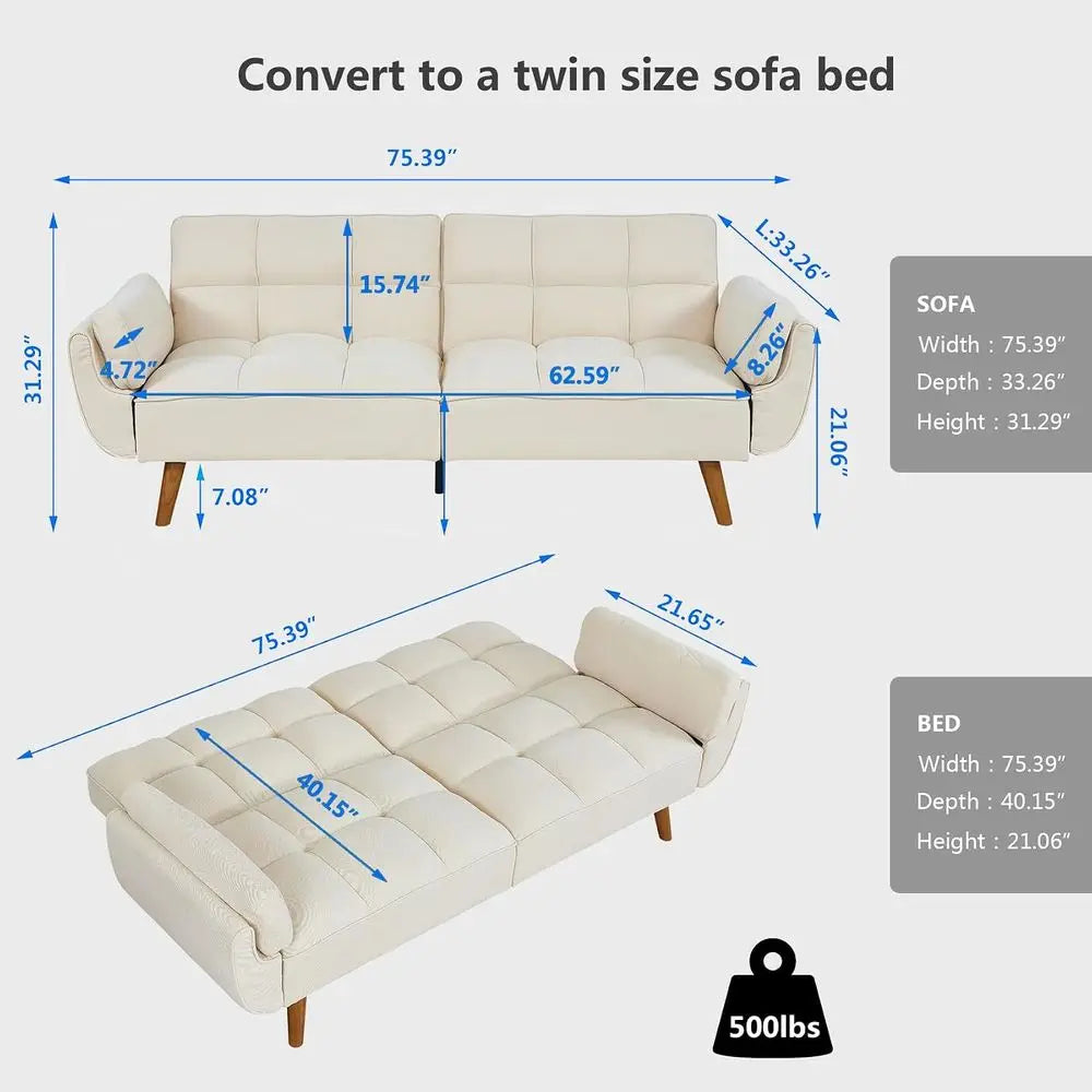 Twin Size Convertible Sofa Bed with Pillow Top Arms and Reclining Linen Split Back for Compact Living Spaces
