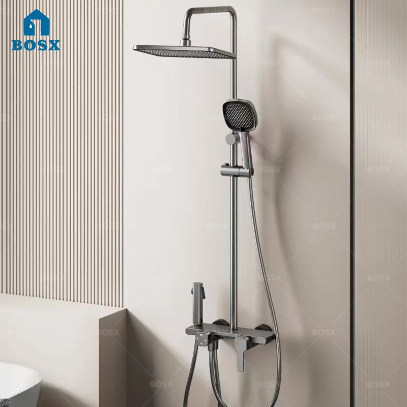 Household Bathroom Gray Pressure Shower Set Hotel Bathtub Faucet MultiFunction Hot and Cold Water Boosting Shower System Set