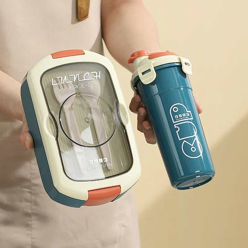 2Pcs Microwave Safe PP Lunch Box Set 750ML Separated Bento Container With 450ML Portable Water Bottle Leak‑Proof Dinnerware