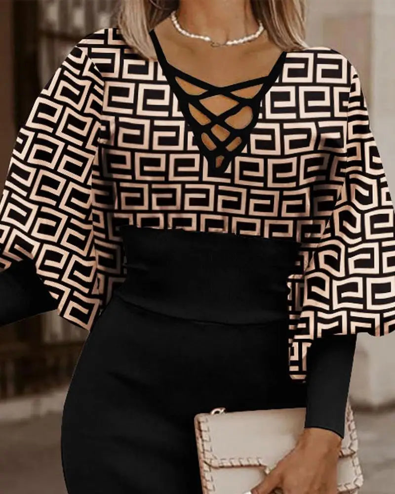 Elegant Women's Maze Printed Long Sleeved Slim Fit Dress 2024 Fashionable Woman Hollowed Out V-neck Cinched Party Club Vestiods