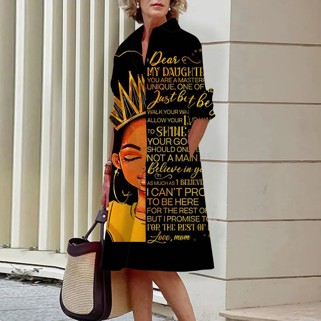 MCDV New Simple Women's Shirt Casual Queen Printed Long Sleeve Fashion Elegant Lapel Pocket Street Women's Dresses Noble Black