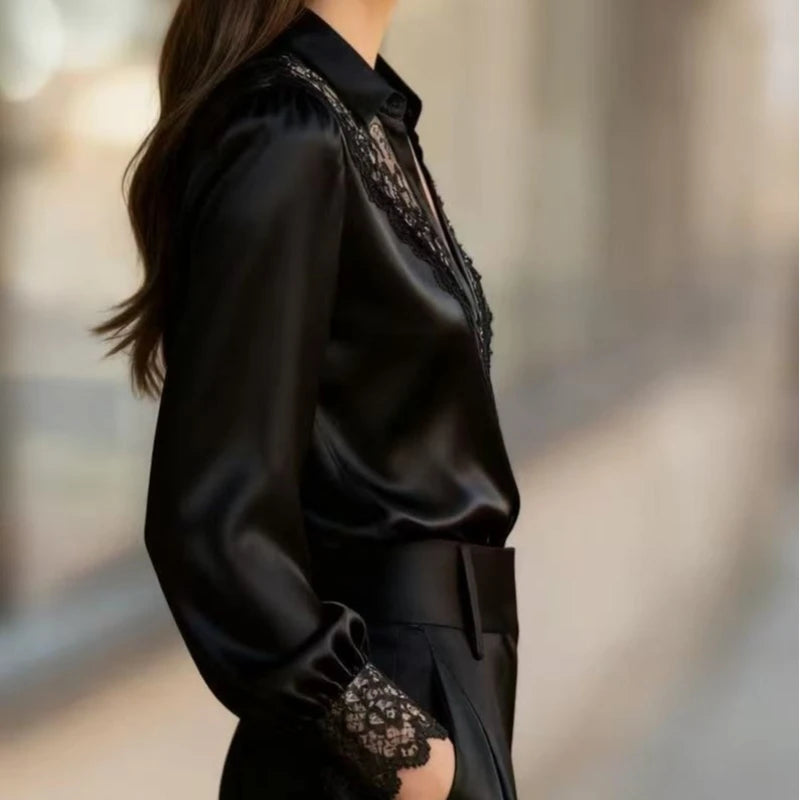 Women's Solid Color Satin Blouse Lace Insert Collared Long Puff Sleeve Shirt Elegant Formal Outfit For Office 2026 Spring