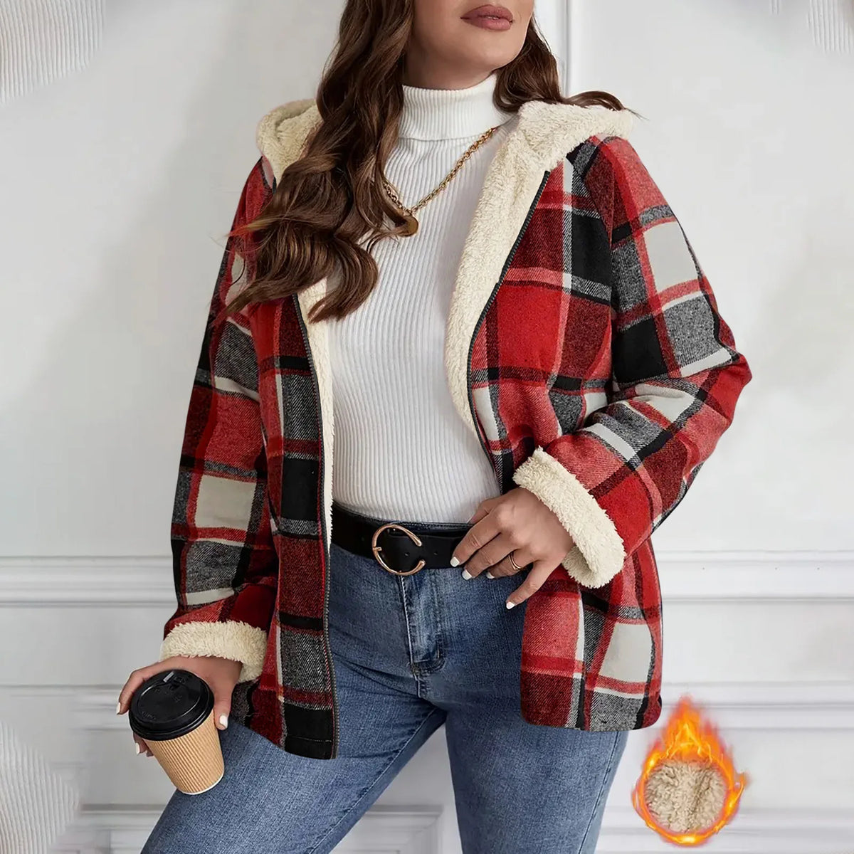 Women's Large Plaid Style Womens Jacket With Hooded Plaid Autumn And Winter Casual Loose Black White Plaid Coat Button Fall Top