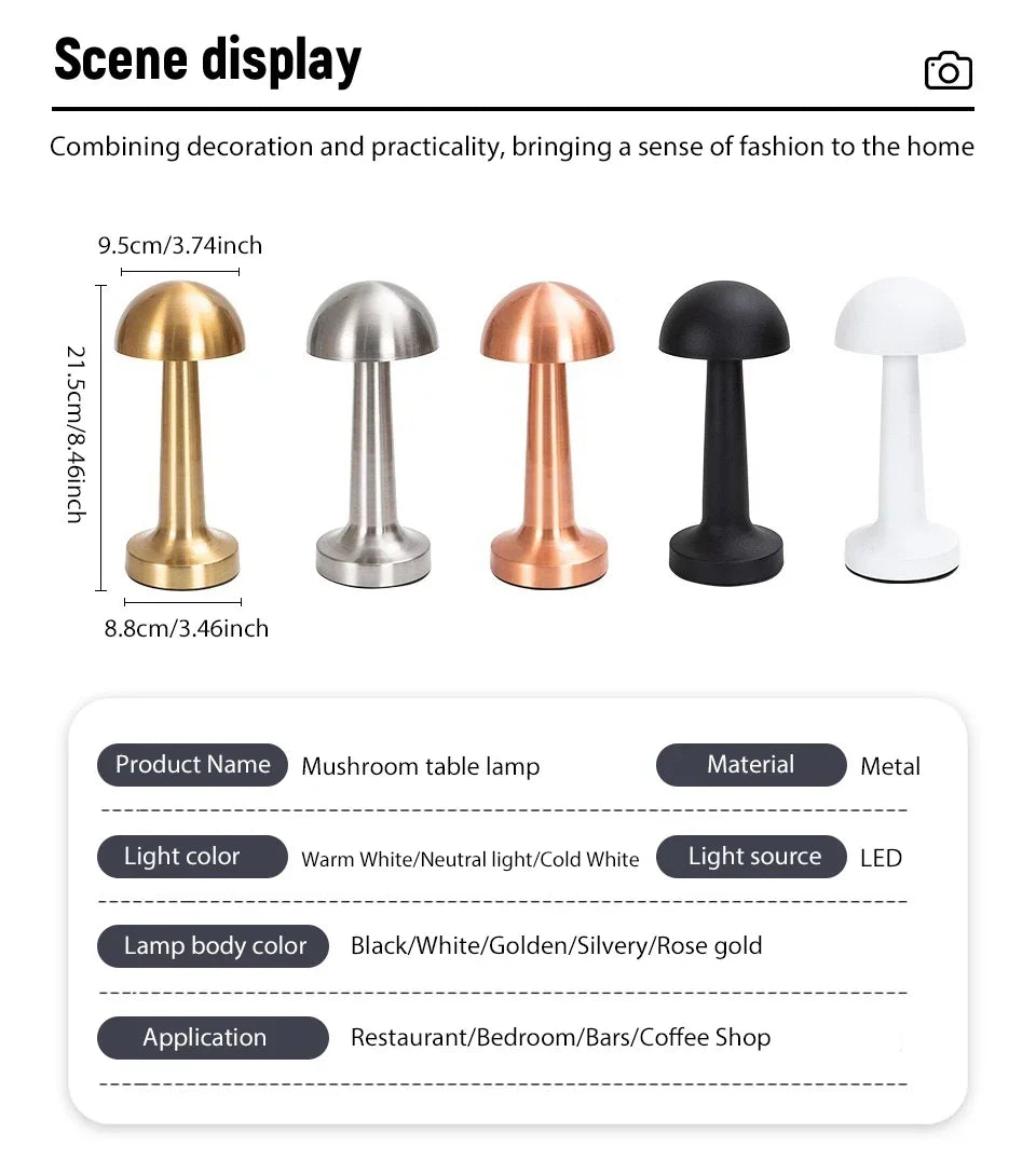 Rechargeable Mushroom Table Lamp Cordless LED Night Light Touch Dimmable Bedside Desk Lamp for Bedroom Living Room Home Decor