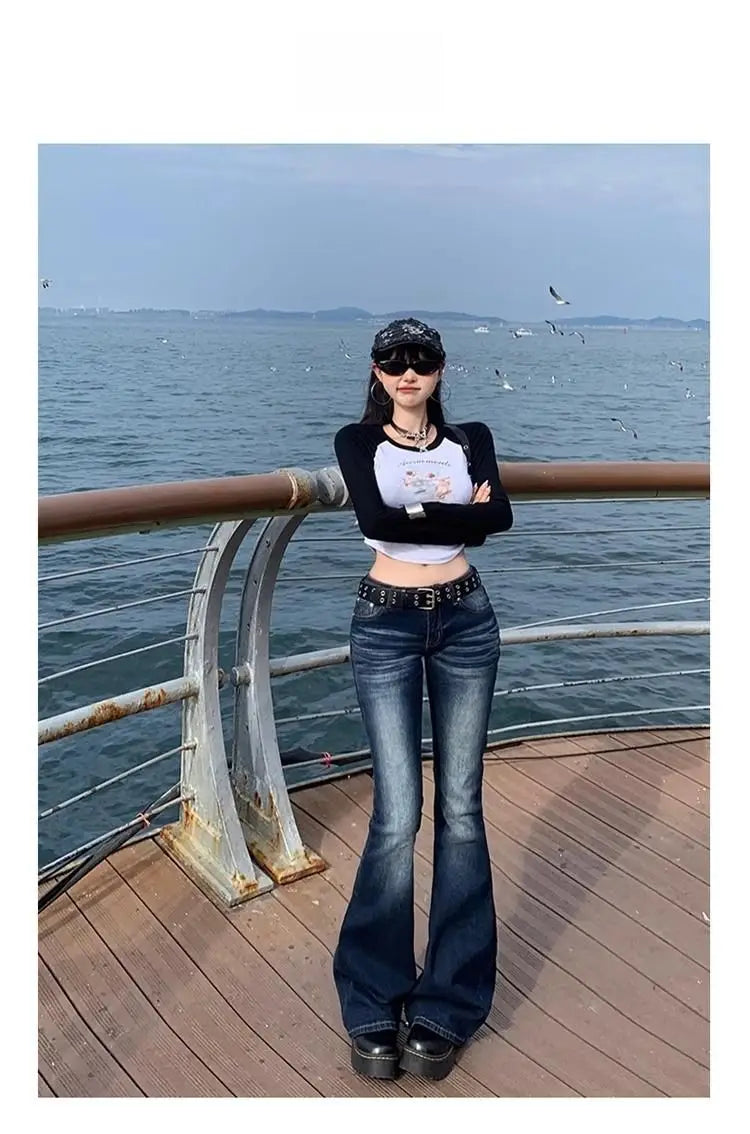 Y2K Slim Fit High Waist Casual Womens Jeans Retro Denim Pants Low Rise Flared Trousers Long Bootcut Drag Autumn for Women