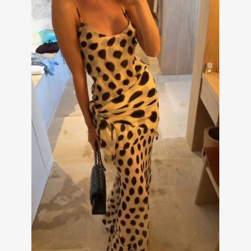 Trendy Slip Dress Animal Print V-neck Ruched Drawstring Sexy Maxi Women Dresses Beach Vacation Stylish Retro Summer Party Outfit