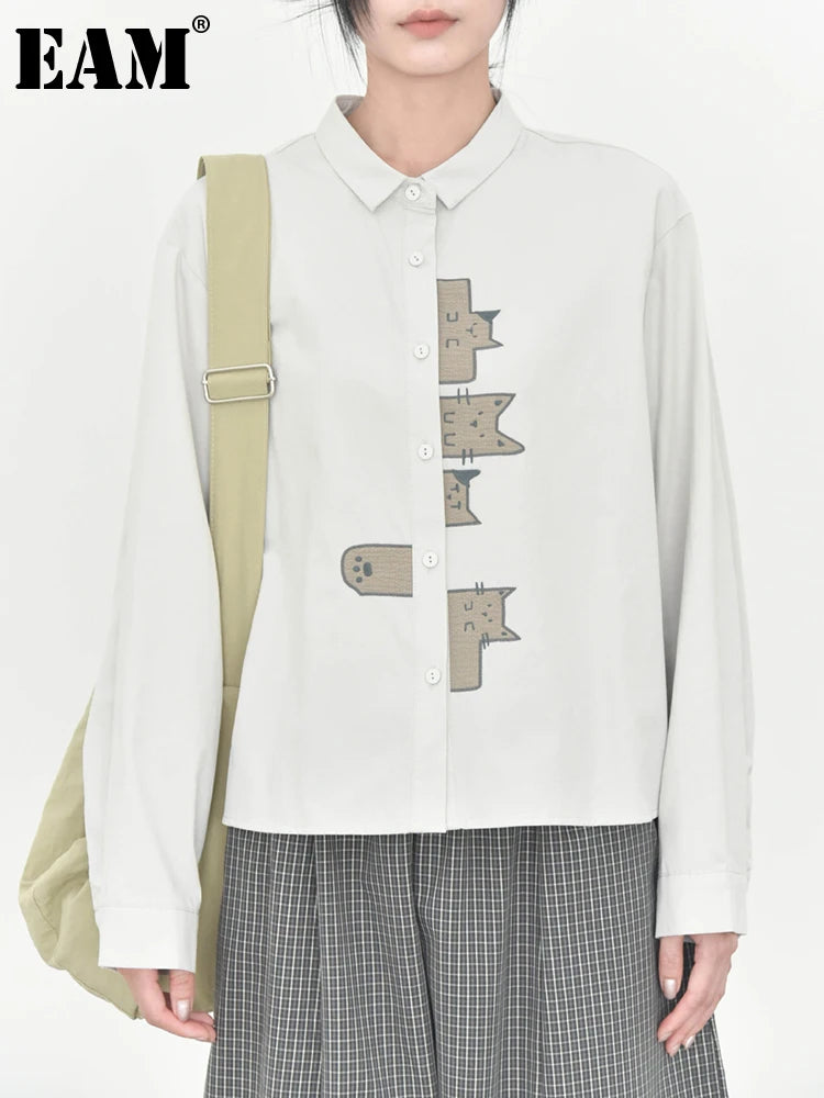 [EAM] Women White Pattern Patch Spliced Big Size Blouse New Lapel Long Sleeve Shirt Fashion Tide Spring Autumn 2026 1DJ6229