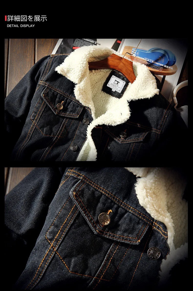 Autumn Winter Fleece Denim Jacket Men's Slim Thick Sherpa Casual Outerwear