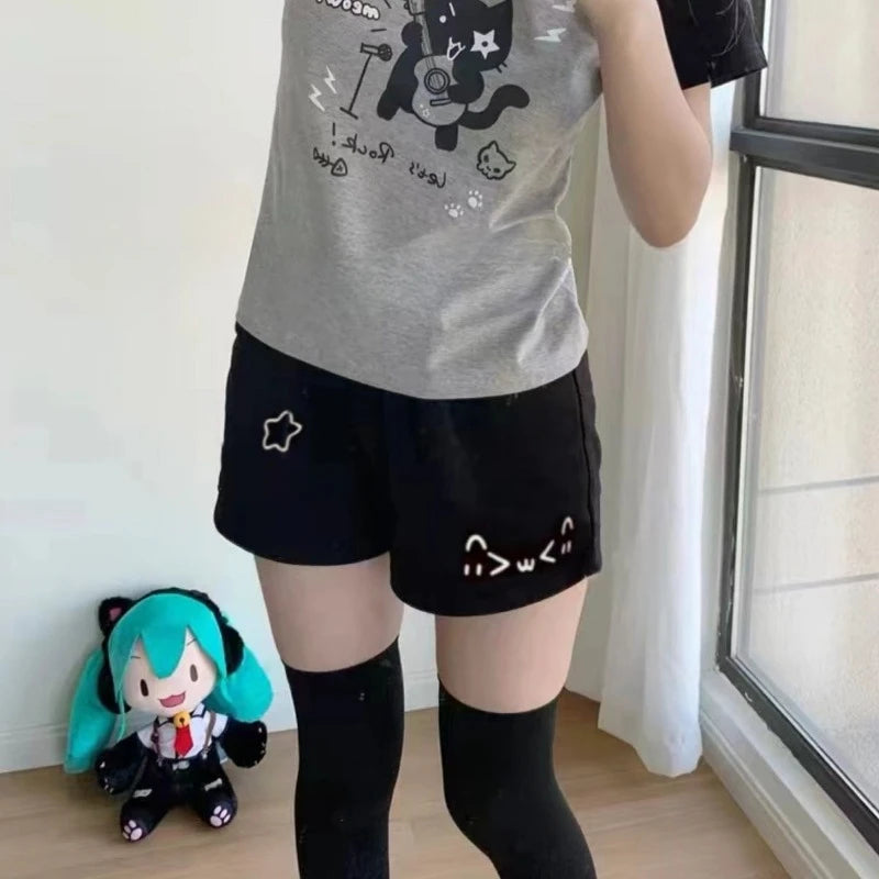 Cotton Shorts Women Print Cute Pantalones Cortos De Mujer 2025 New Bottoms Casual Fashion Elastic Waist Summer Wide Leg Pants