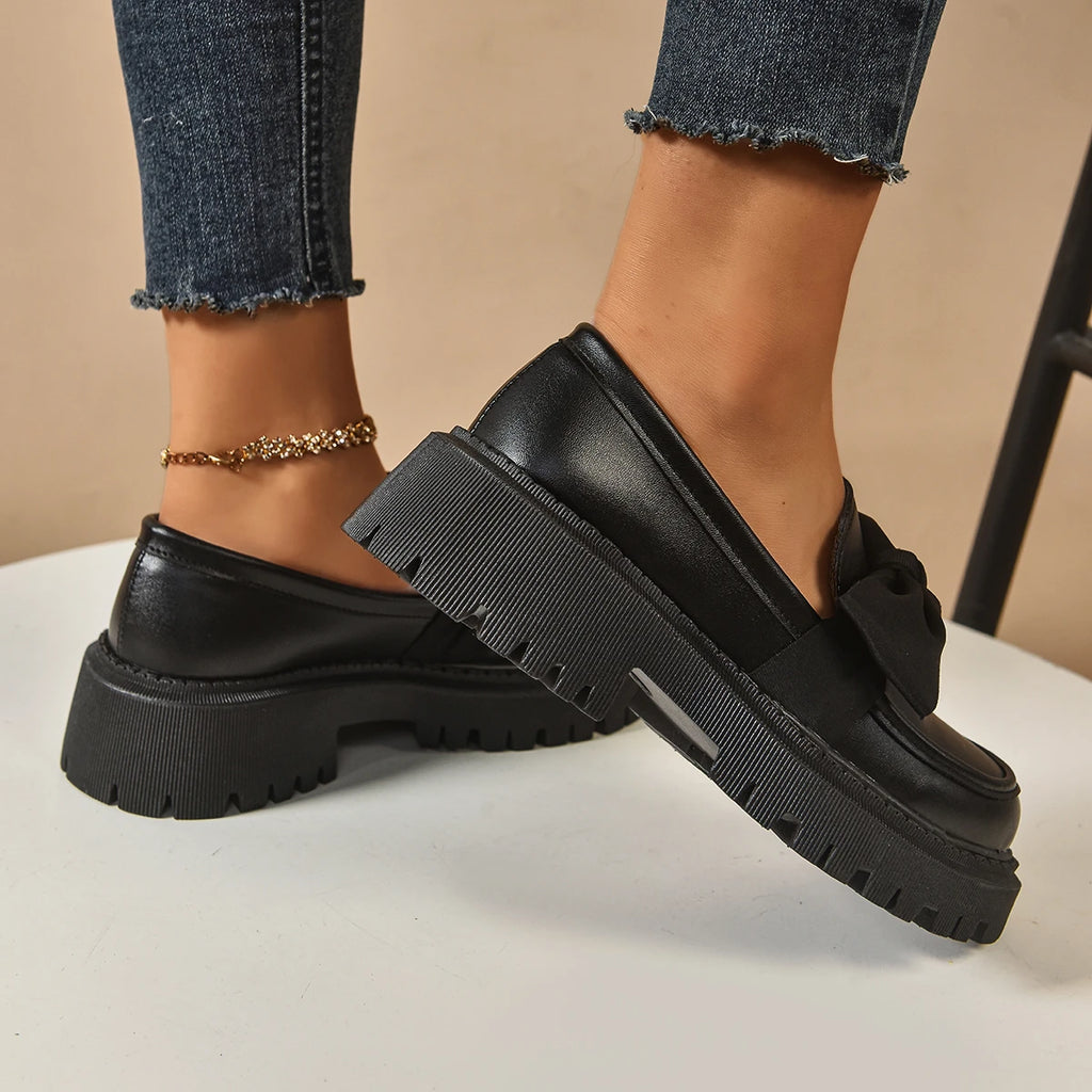 Women's British Style Loafers bowknot Chunky Heel Leather Flats Autumn Slip-On Shoes Versatile Work Shoes Platform Oxford 636