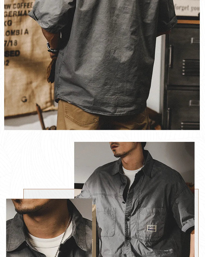 Men's Retro Short Sleeve Shirts Cotton Shirt Japanese Casual Loose Fit Thin Breathable Plus Size Shirts for Men Summer Workwear