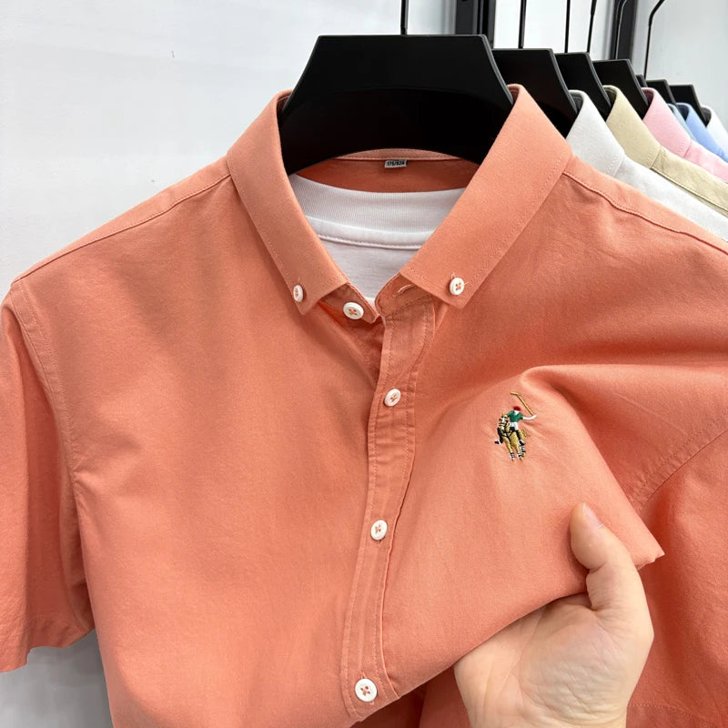 Short Sleeved Shirt Men's Summer New Item Pure Cotton High-end Brand Little Horse Logo Embroidered Casual Shirt